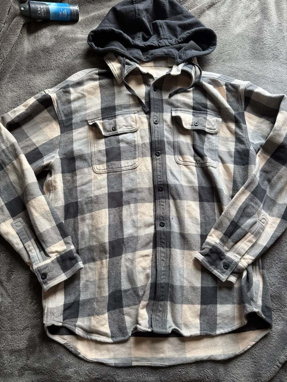 American Eagle Men's Gray and Cream Plaid Hooded Flannel Shirt Size Large